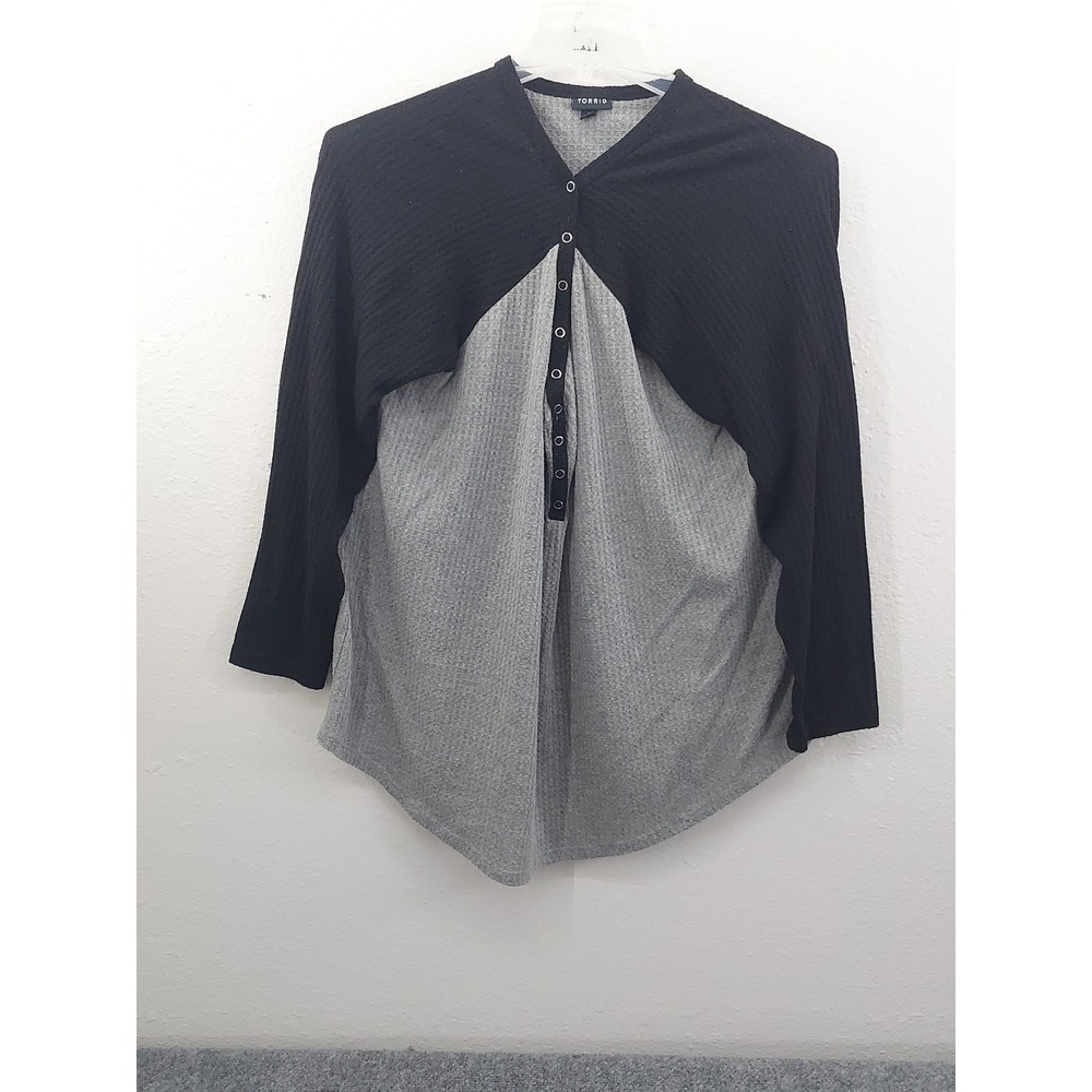 Torrid Waffle Knit‎ Shirt Womens 3X gray Black Colorblock Thermal Henley Raglan